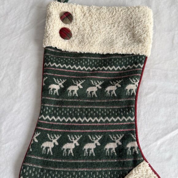 Christmas Stocking Hunter Green Fair Isle Sweater Style Deer Woodland Fuzzy - Picture 2 of 5